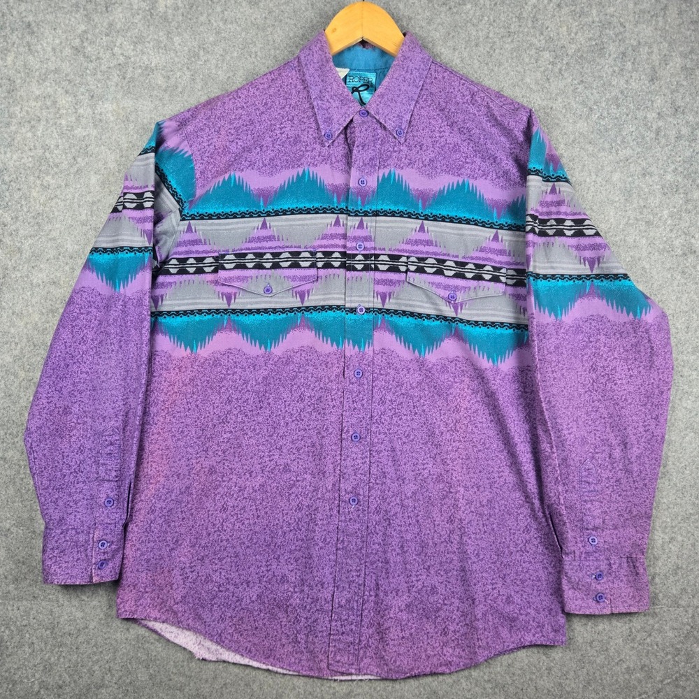 Vintage Roper Western Shirt Mens Large Purple Aztec Southwestern Cowboy Rodeo